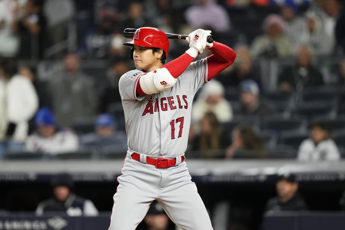 Angels' Shohei Ohtani at-bat during the fifth inning against the New York Yankees in New York.