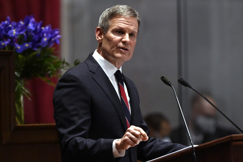 FILE - Tennessee Gov. Bill Lee delivers his State of the State address in the House Chamber of the Capitol building, Monday, Jan. 31, 2022, in Nashville, Tenn. On Friday, May 13, The Associated Press reported on stories circulating online incorrectly claiming newly signed legislation in Tennessee “banned Plan B and made it a crime punishable by a $50,000 fine to order it.”(AP Photo/Mark Zaleski, File)