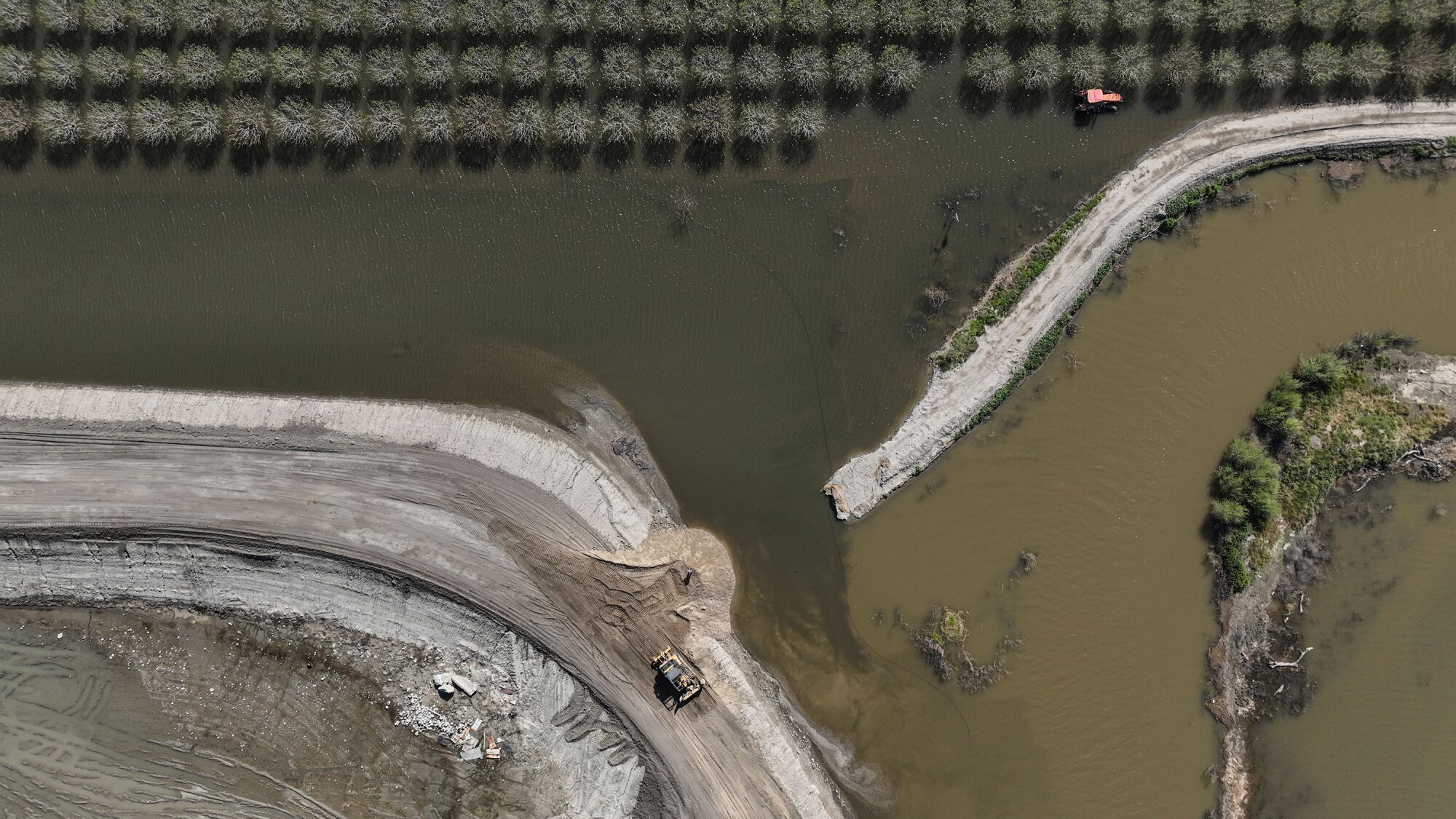 A birds-eye view of a breached levee and a flooded orchard.