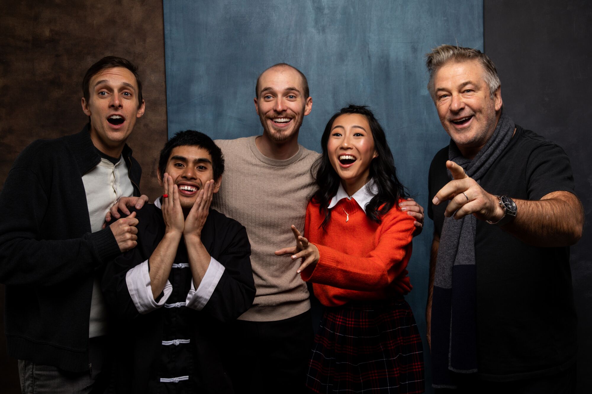 Director Danny Madden, left, actors Jose Angeles, Will Madden, Shirley Chen and executive producer Alec Baldwin of “Beast, Beast,” photographed in the L.A. Times Studio at the Sundance Film Festival.