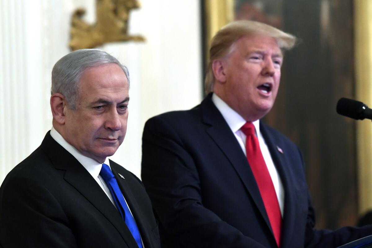 President Trump and Israeli Prime Minister Israel Benjamin Netanyahu deliver remarks at the White House on Jan. 28, 2020.
