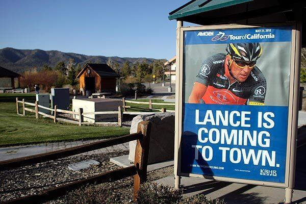 A poster welcoming Lance Armstrong and the Tour of Califonia hangs at a bus stop off Big Bear Boulevard. Unfortunately, Armstrong will not be competing Friday after crashing out of Thursday's Stage 5.