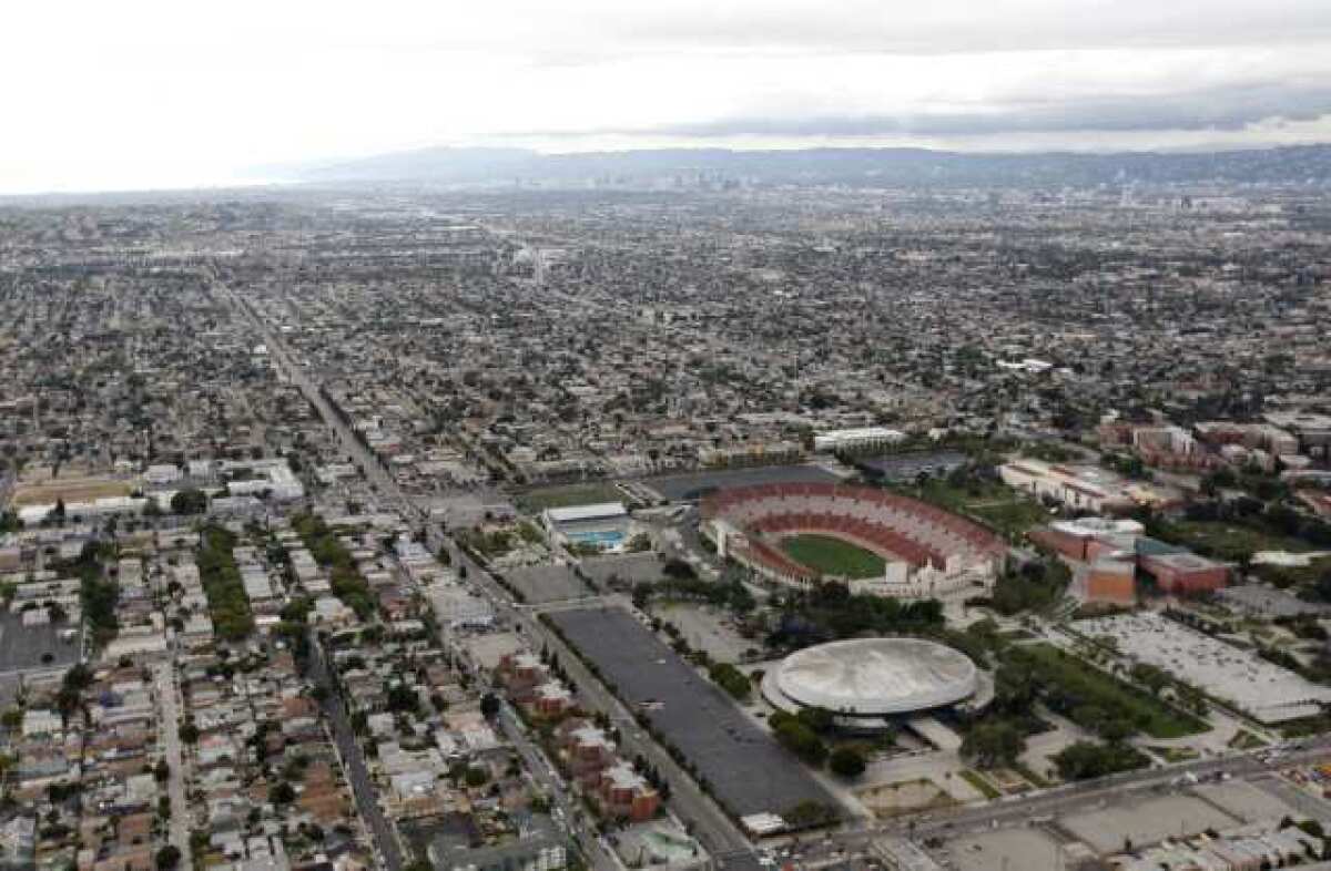 An aerial view of the Los Angeles Memorial Coliseum from the Goodyear Blimp on May 27, 2010.