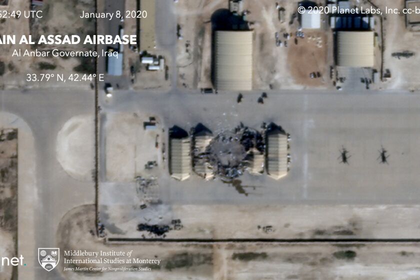 This satellite image provided on Wednesday, Jan. 8, 2020, by Middlebury Institute of International Studies and Planet Labs Inc. shows the damage caused from an Iranian missile strike at the Ain al-Asad air base in Iraq. Iran's actions were in response to the U.S. killing of Revolutionary Guard Gen. Qassem Soleimani. (Planet Labs Inc./Middlebury Institute of International Studies via AP)