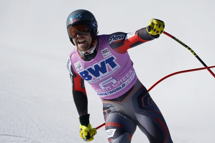 Norway's Aleksander Aamodt Kilde celebrates after finishing his run during a men's World Cup super-G skiing race Friday, Dec. 3, 2021, in Beaver Creek, Colo. (AP Photo/Gregory Bull)