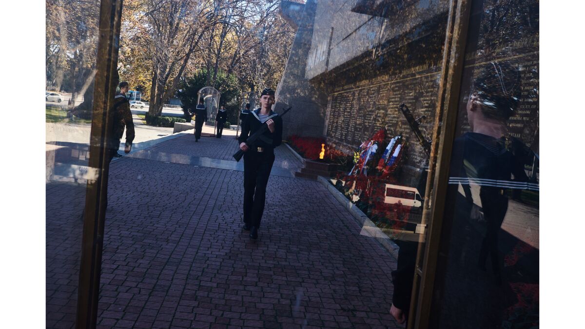 Russian military cadets practice the ceremonial changing of the guard at the eternal flame dedicated to fallen World War II soldiers in Sevastopol.