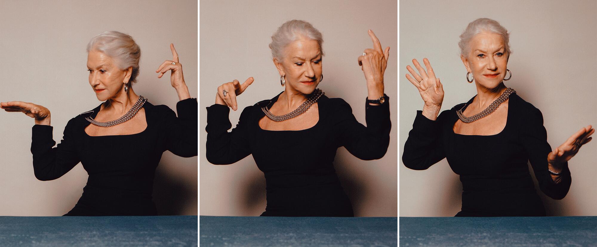 Helen Mirren moves her arms in different ways for a portrait shoot.