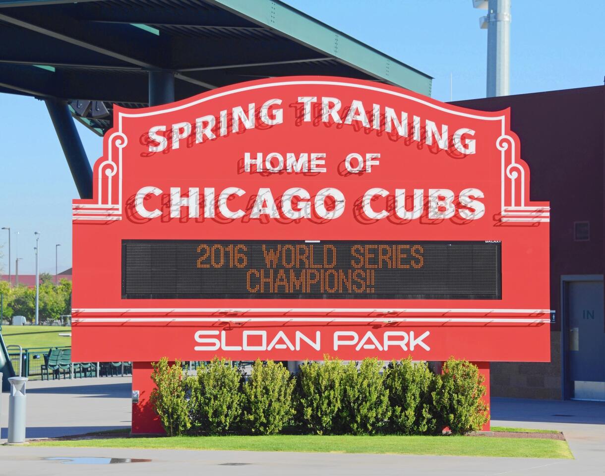 A red marquee — just like the one at Wrigley Field in Chicago — greets fans at Sloan Park, the spring training home of the Cubs.