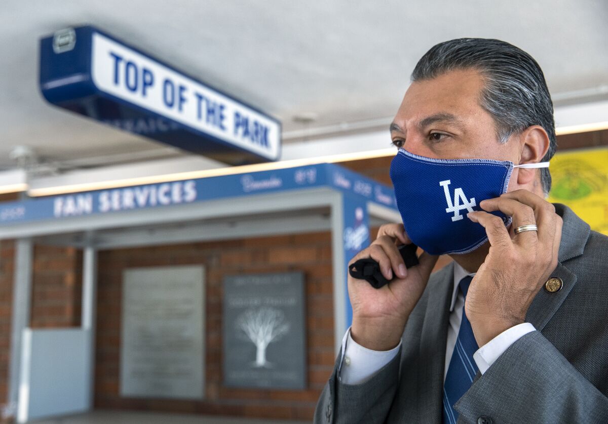 California Secretary of State Alex Padilla visits the Dodger Stadium Vote Center on Sept. 24.