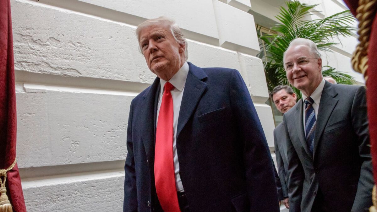 Saboteur in chief? President Trump, whose refusal to guarantee Obamacare subsidies for next year is producing big price increases, leaves a Capitol Hill meeting in March with Health and Human Services Secretary Tom Price.