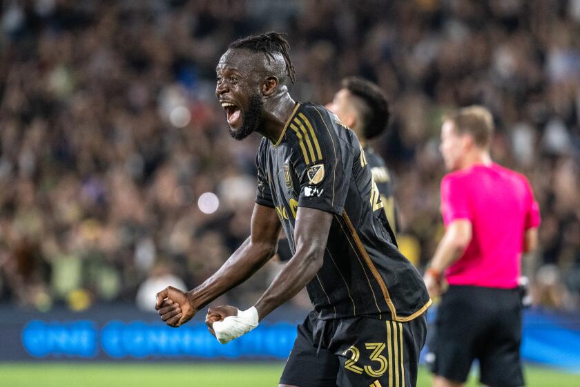 PASADENA, CA - JULY 4: Kei Kamara #23 of Los Angeles FC celebrates the LAFC victory during the match against Los Angeles Galaxy at the Rose Bowl on July 4, 2024 in Pasadena, California. Los Angeles FC won the match 2-1 (Photo by Shaun Clark/Getty Images)