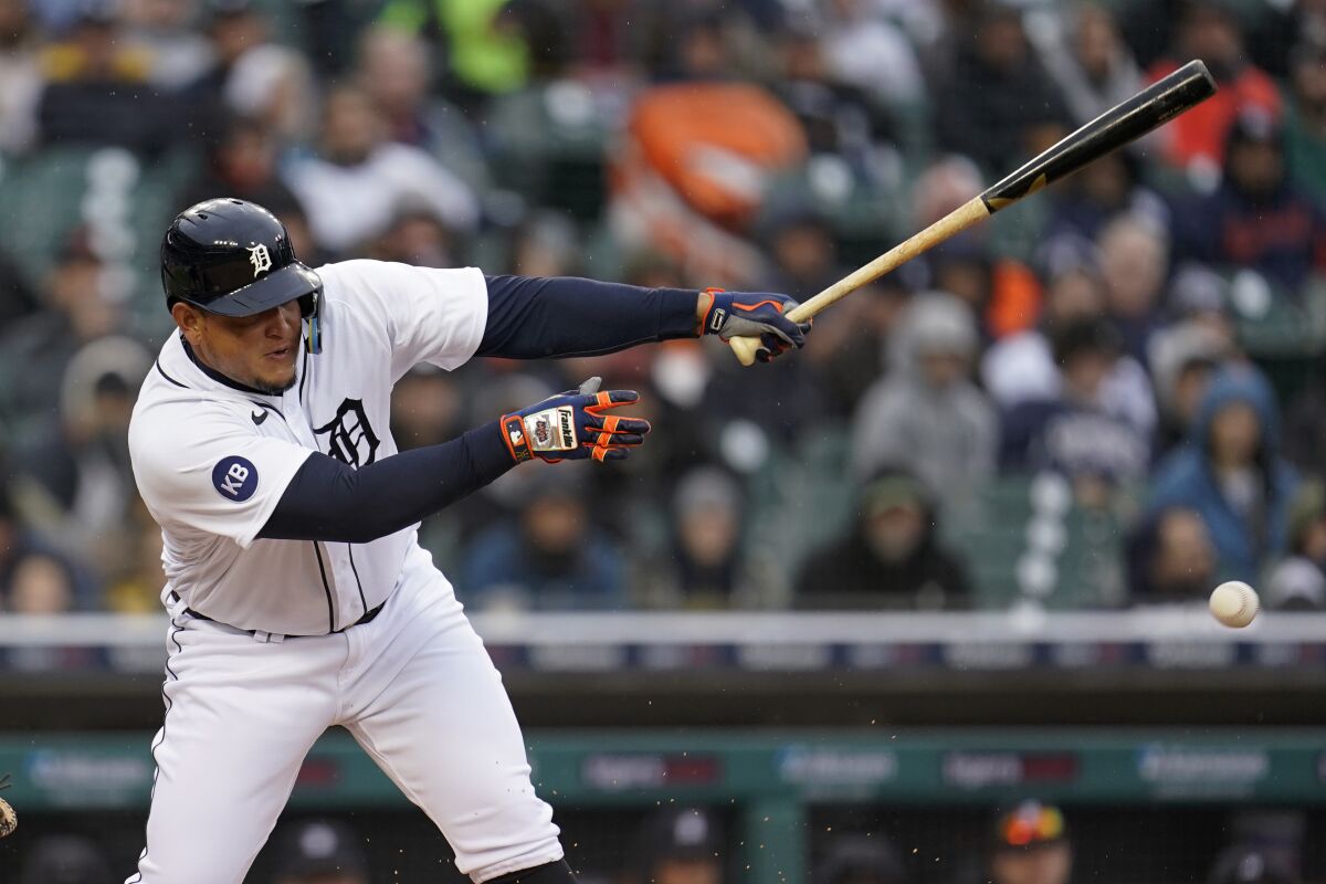 Detroit Tigers' Miguel Cabrera singles against the New York Yankees in the second inning of a baseball game in Detroit, Wednesday, April 20, 2022. (AP Photo/Paul Sancya)