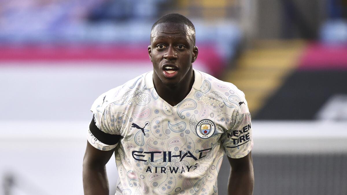 FILE - In this file photo dated Saturday, April 3, 2021, Manchester City's Benjamin Mendy during the English Premier League soccer match against Leicester City at the King Power Stadium in Leicester, England. Manchester City soccer player Benjamin Mendy was remanded in custody at Chester Magistrates' Court, Friday Aug. 27, 2021, accused of four counts of alleged rape and one count of sexual assault, on three different women.(AP Photo/Rui Vieira, FILE)