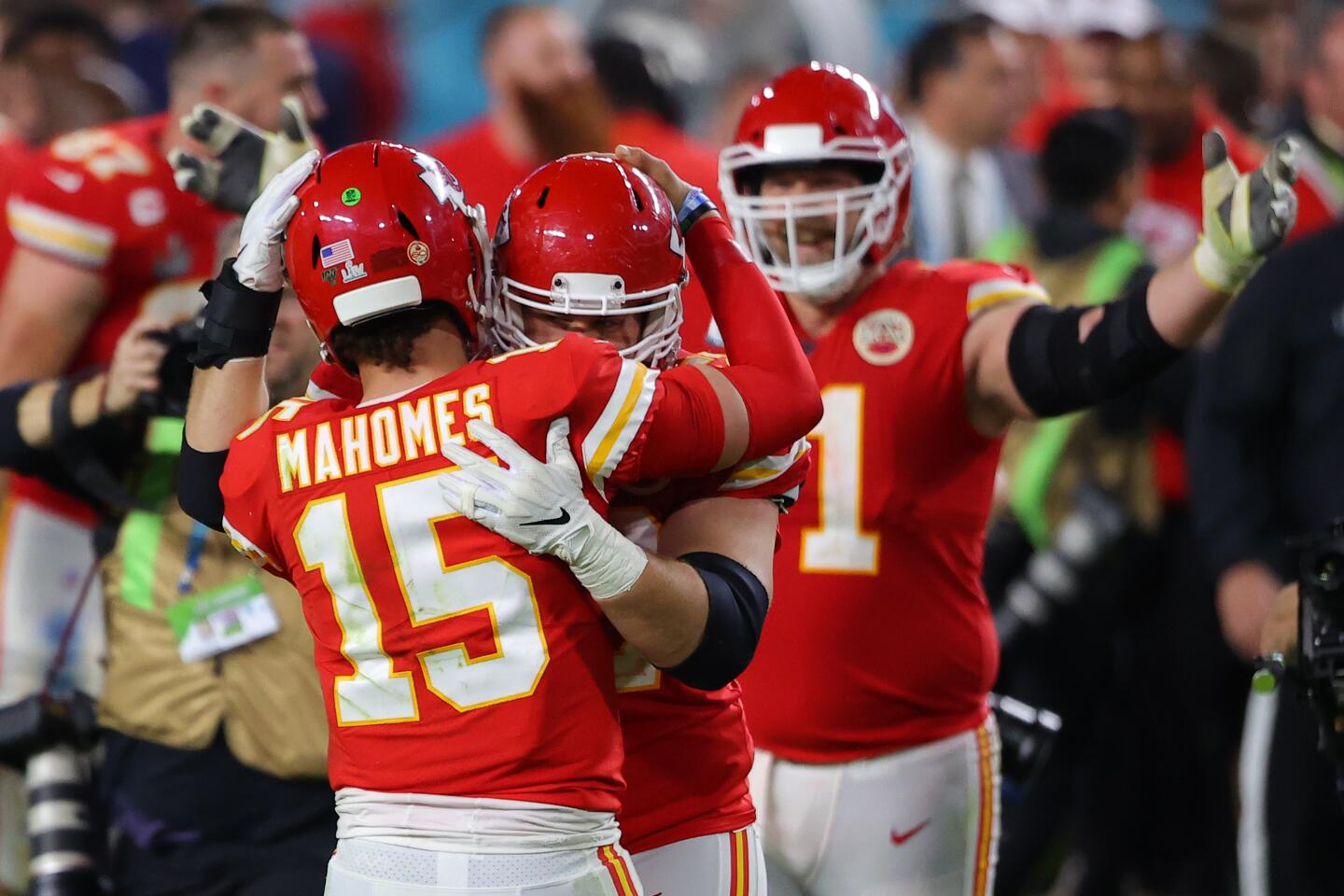Kansas City Chiefs quarterback Patrick Mahomes celebrates with teammates after defeating San Francisco 49ers 31-20 in Super Bowl LIV on Feb. 2, 2020. Mahomes was named the Super Bowl's most valuable player.