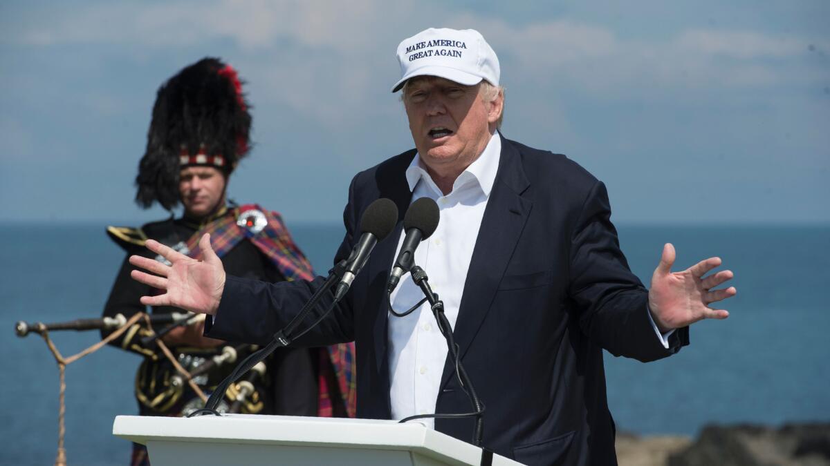 Donald Trump makes a speech at his revamped Trump Turnberry golf resort in Scotland on Friday.
