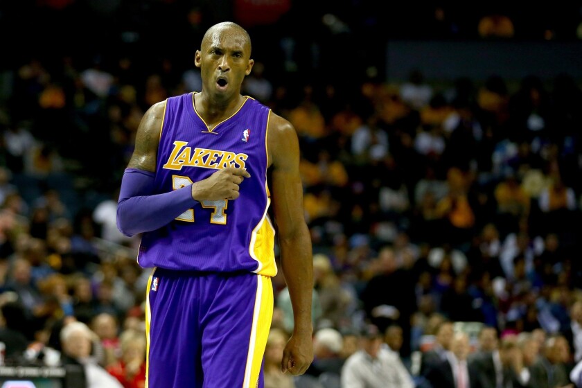 Lakers star Kobe Bryant reacts to a referee's call during the Lakers' 88-85 win over the Charlotte Bobcats on Saturday. Bryant is averaging 13.5 points and seven assists per game since returning from a torn Achilles' tendon.