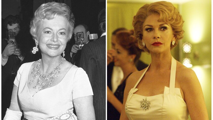 Olivia de Havilland, left, in 1968. Catherine Zeta-Jones, right, portrays De Havilland in the series 