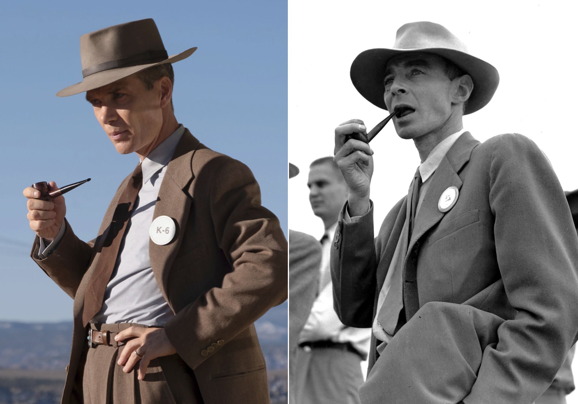Two photos of a man wearing a suit, tie and hat, carrying a pipe, next to each other.