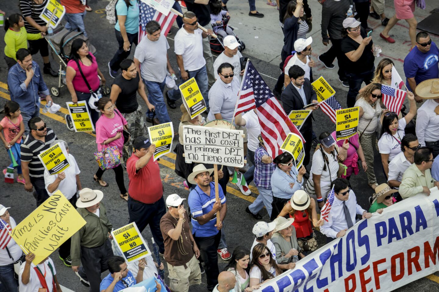 Protesters rally in downtown Los Angeles during May Day demonstrations.