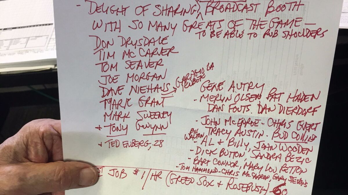 Dick Enberg shares his pregame notes, including a list of broadcasters he's worked alongside in a career dating to the late-1950s.