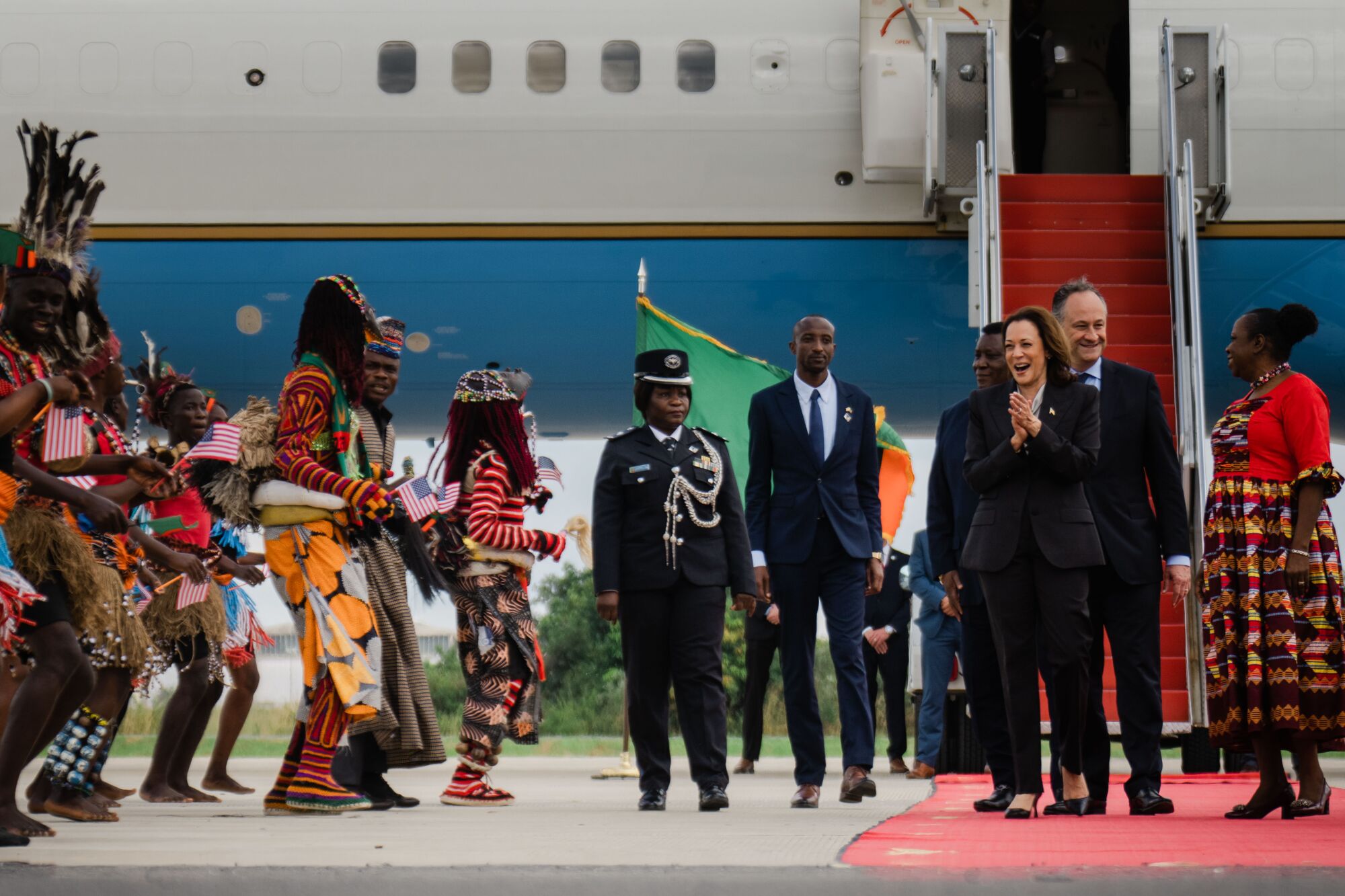 U.S. Vice President Kamala Harris and Second Gentleman Doug Emhoff are welcomed in Zambia.