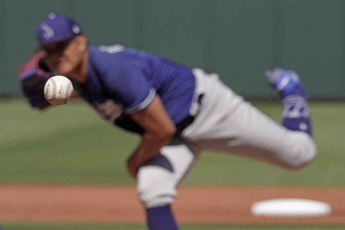 Dodgers relief pitcher Victor González throws during a spring training game against the Texas Rangers.