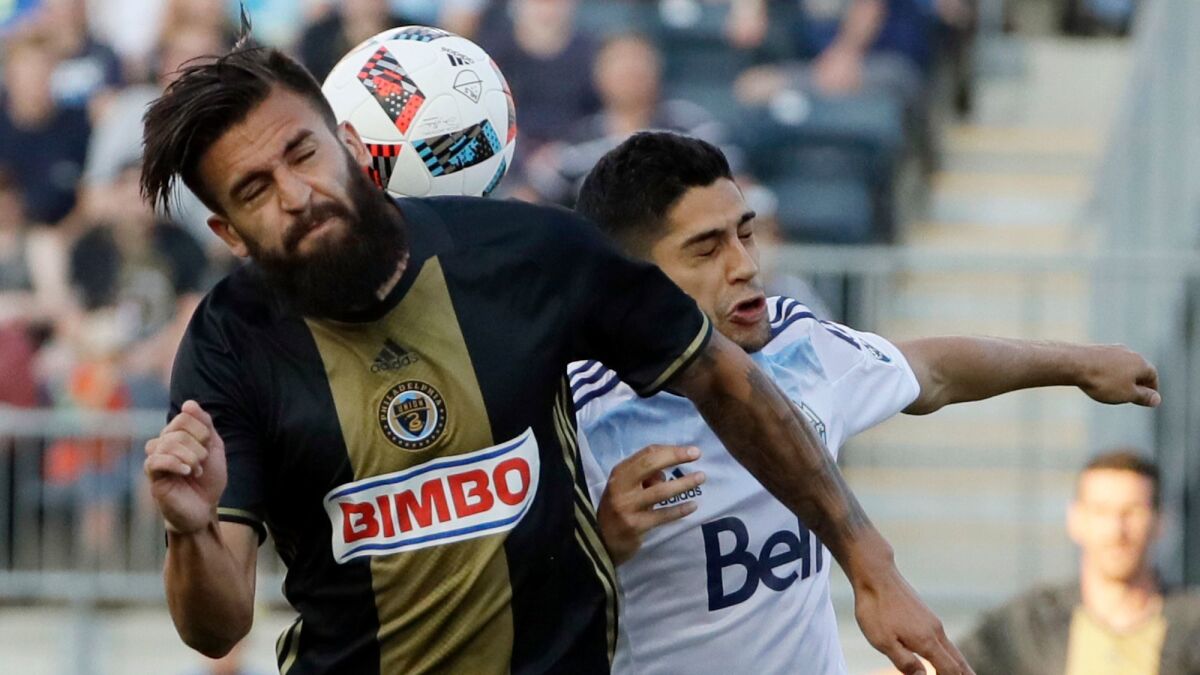 No matter how good Richie Marquez, left, and the Philadelphia Union might play, jersey sales have been hampered because of Bimbo Bakeries' logo.