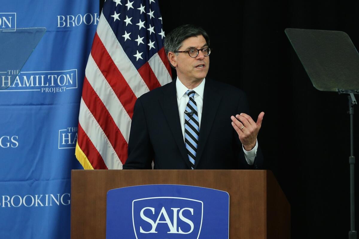 Treasury Secretary Jacob J. Lew speaks during a forum at the Brookings Institution's Hamilton Project on Monday.