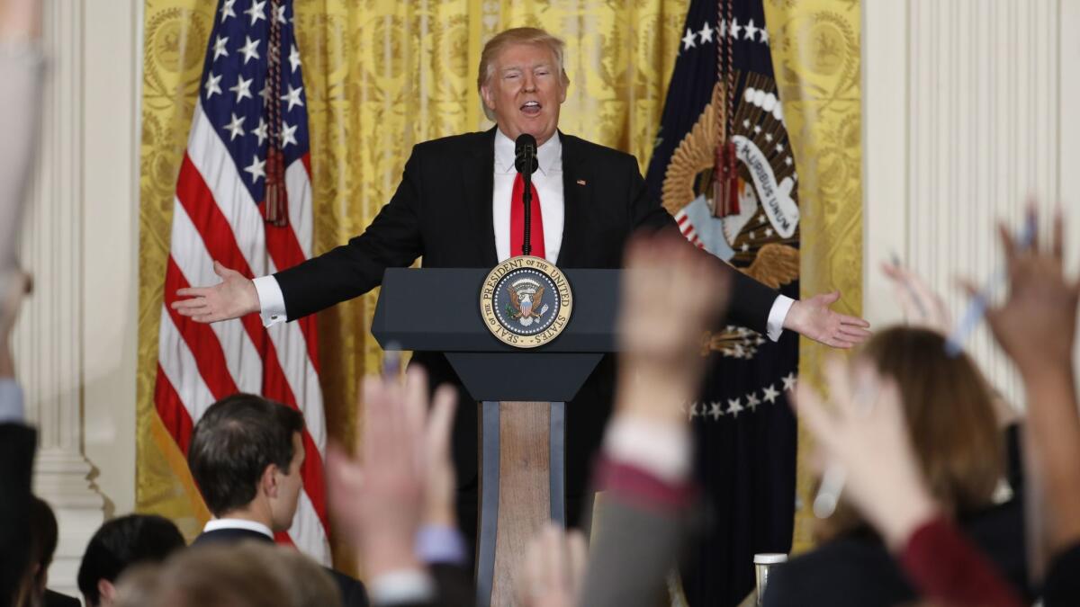 President Donald Trump speaks during a news conference in Washington on Feb. 16, 2017.