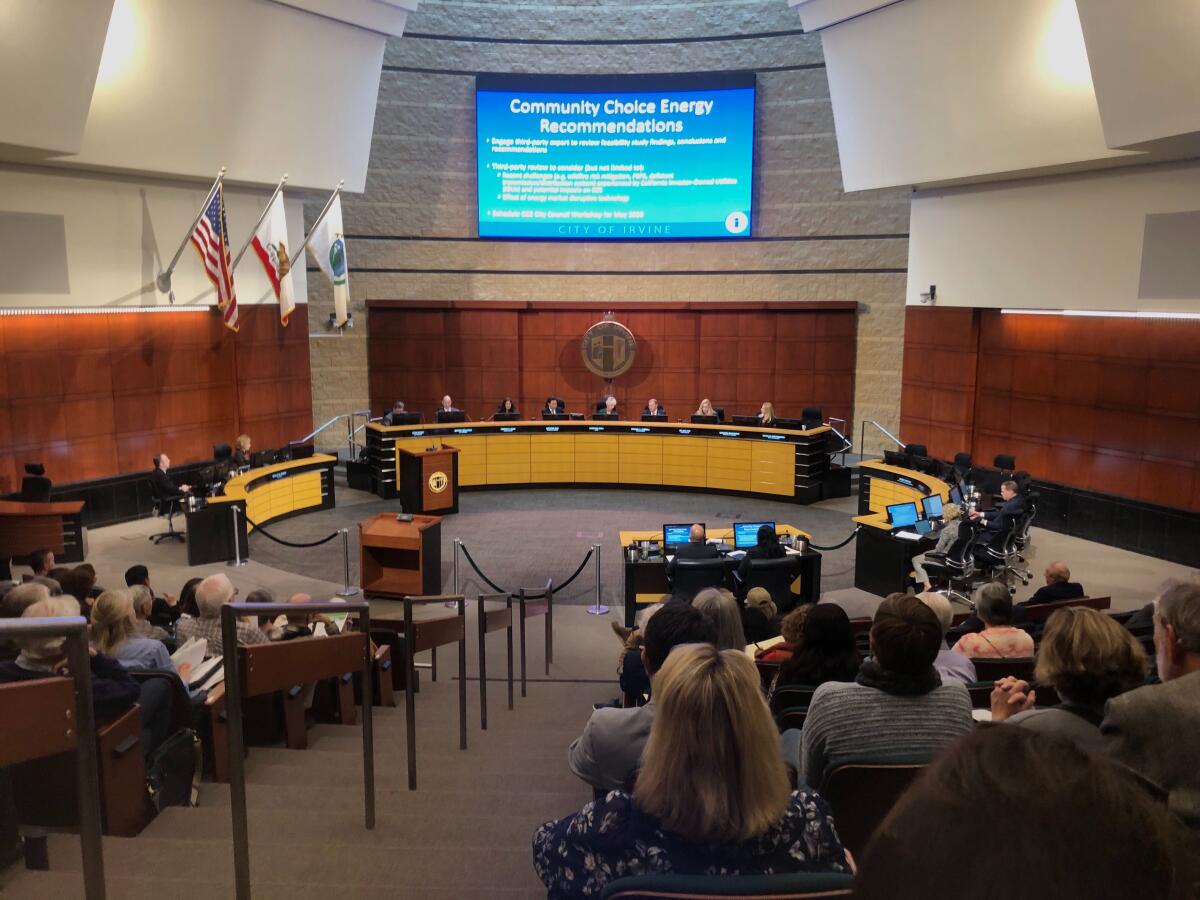 The Irvine City Council approved a motion Tuesday to move toward establishing a community choice aggregation for government-run energy. The city will draft joint powers documents and formally invite Costa Mesa, Huntington Beach, Newport Beach and Tustin to join.