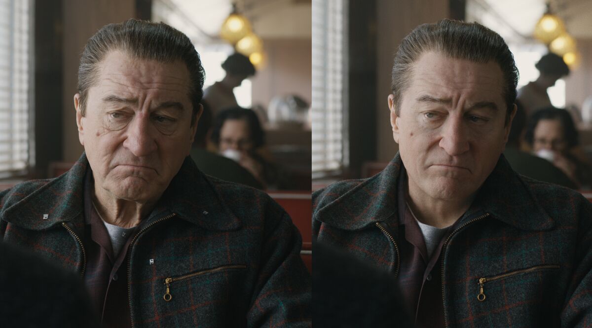 Robert De Niro, before and after digital de-aging, in "The Irishman"