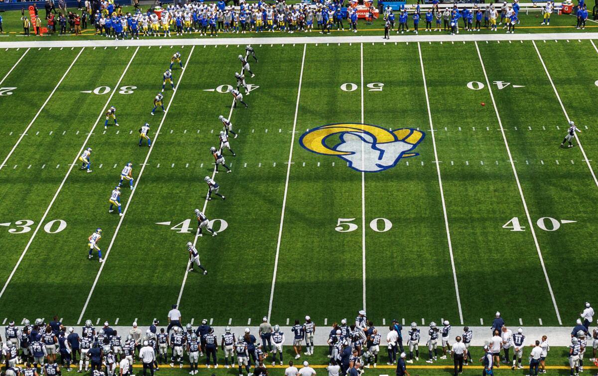 The Rams and Cowboys line up for a kickoff under the new NFL rules. 