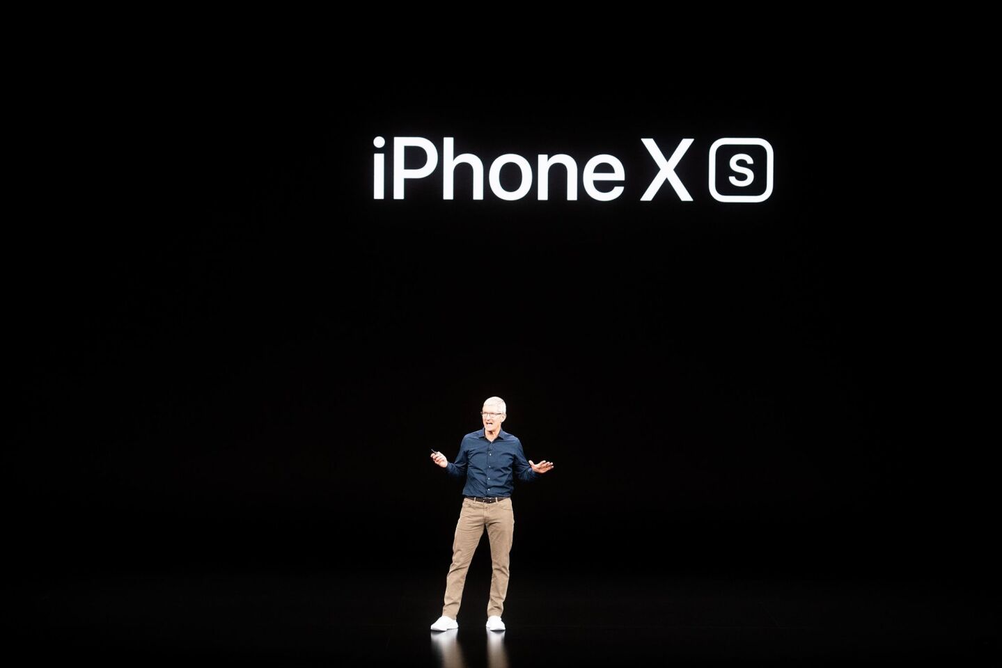 Apple CEO Tim Cook introduces the iPhone XS during an event on September 12, 2018, in Cupertino, California. - New iPhones set to be unveiled Wednesday offer Apple a chance for fresh momentum in a sputtering smartphone market as the California tech giant moves into new products and services to diversify.Apple was expected to introduce three new iPhone models at its media event at its Cupertino campus, notably seeking to strengthen its position in the premium smartphone market a year after launching its $1,000 iPhone X. (Photo by NOAH BERGER / AFP)NOAH BERGER/AFP/Getty Images ** OUTS - ELSENT, FPG, CM - OUTS * NM, PH, VA if sourced by CT, LA or MoD **