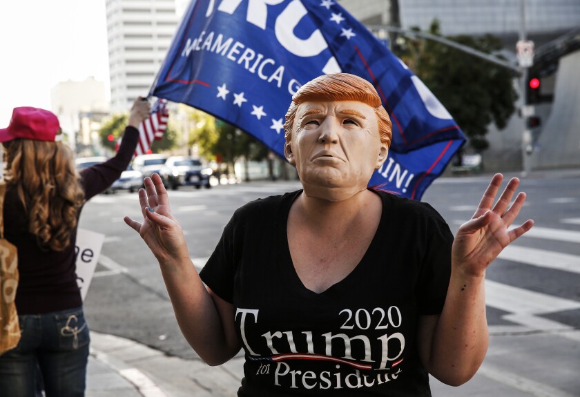 Trump supporters take part in an inauguration day demontration outside L.A. City Hall on Jan. 6. 