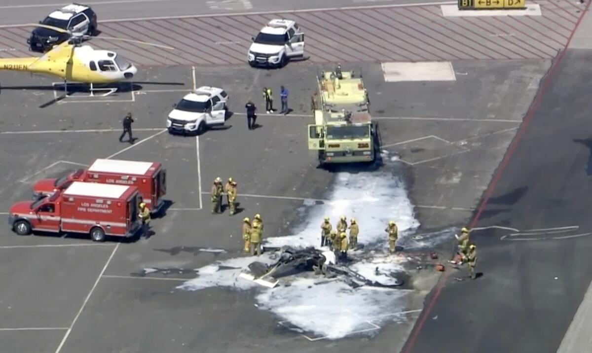 A small plane crashed and caught fire at Van Nuys Airport.