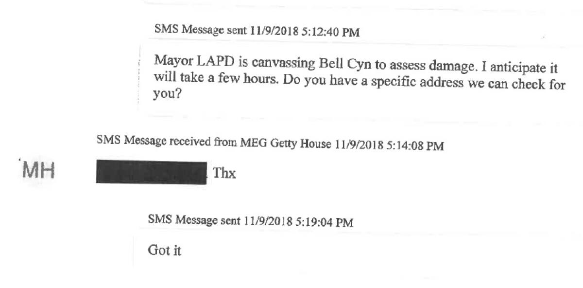 Text messages sent between Los Angeles Fire Chief Ralph Terrazas and Mayor Eric Garcetti, who is referenced in the text conversation as "MEG Getty House."