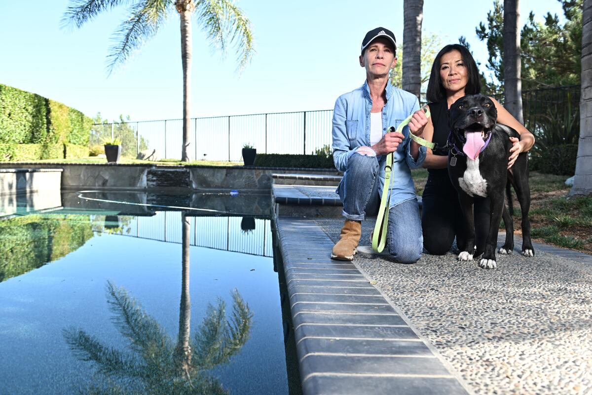 Two women kneel by a pool with a dog.