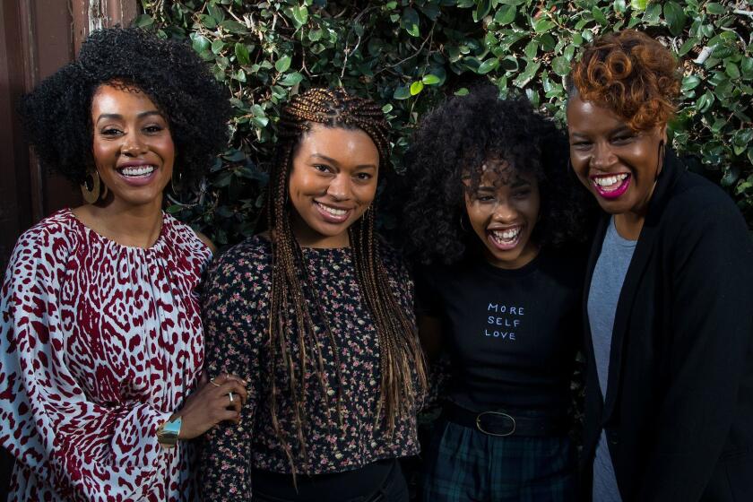 LOS ANGELES, CA - MARCH 1, 2018: Actress Simone Missick, left, director Nijila Mu'min, actress Zoe Renee and producer Avril Z Speaks, right, are all apart of the new movie Jinn, which is competing in the SXSW film festival March 1, 2018 in Los Angeles, California.(Gina Ferazzi / Los Angeles Times)