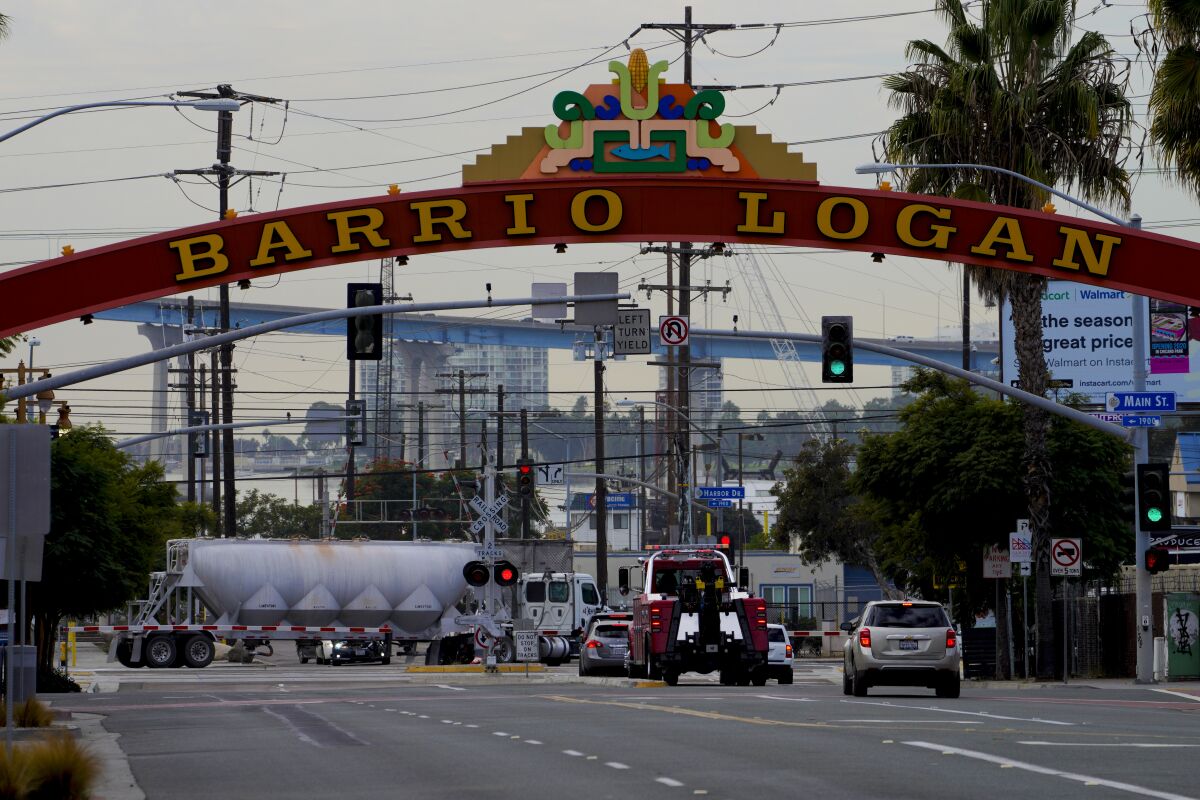 A view of Cesar E. Chavez Parkway, looking toward the waterfront in Barrio Logan in December 2020.