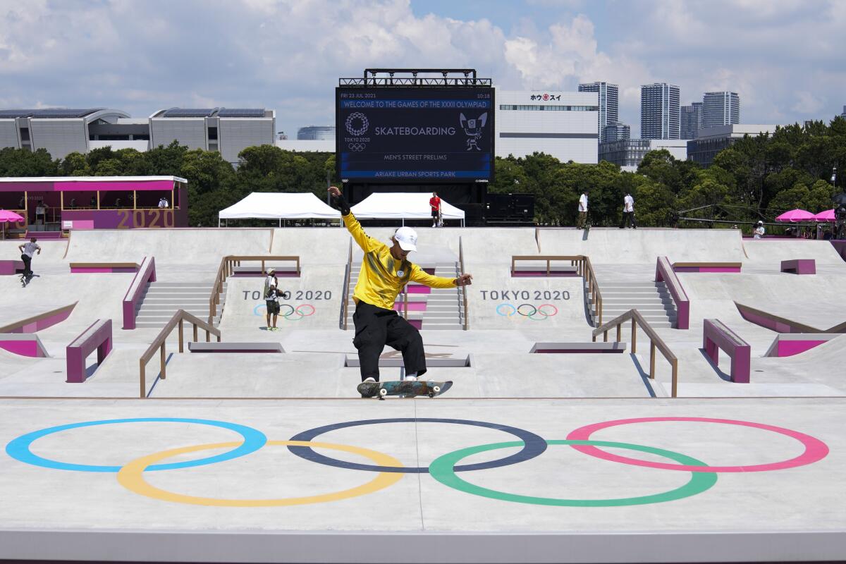 South Africa's Brandon Valjalo practices at the street skateboarding venue in Tokyo on Friday.