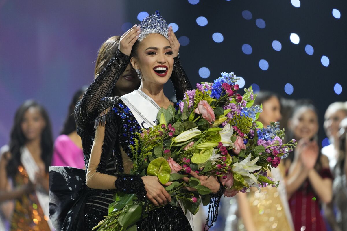 Miss USA R'Bonney Gabriel reacts as she is crowned Miss Universe