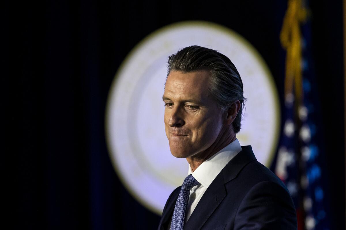 Gov. Gavin Newsom speaks after being sworn in on Jan. 7. In his first year in office, Newsom has not articulated a clear path forward for California water policy.