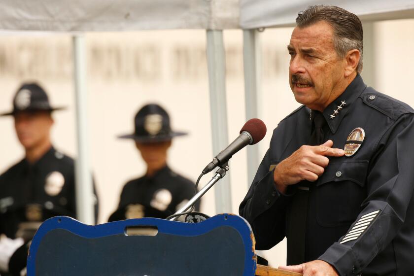 LAPD Chief Charlie Beck speaks at a recent graduation for the department's newest officers. The ceremony was held the morning after a deadly sniper attack in Dallas that killed five officers.