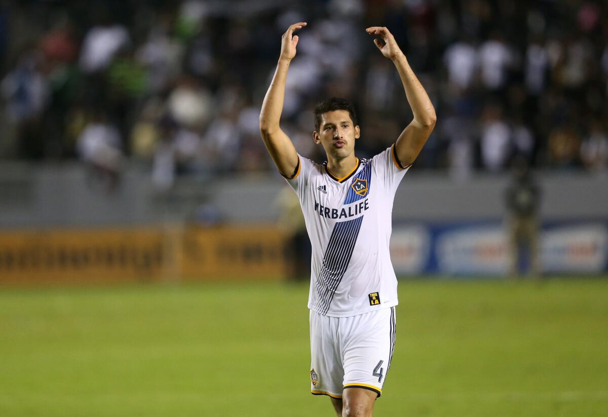 Omar Gonzalez salutes the crowd as he leaves the field after the Galaxy's match with Real Salt Lake in the Western Conference semifinals at StubHub Center on Nov. 9.