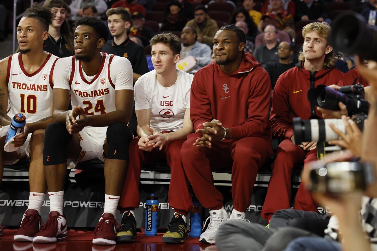 Bronny James watches from the bench as USC plays Eastern Washington