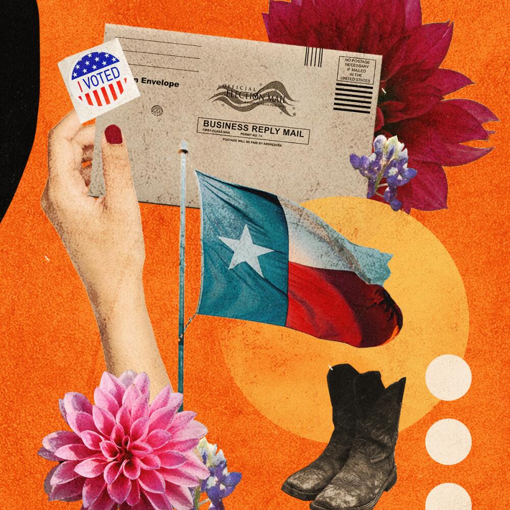 A collage of a Texas flag, cowboy boots, a mail-in ballot and an 'I voted' sticker 