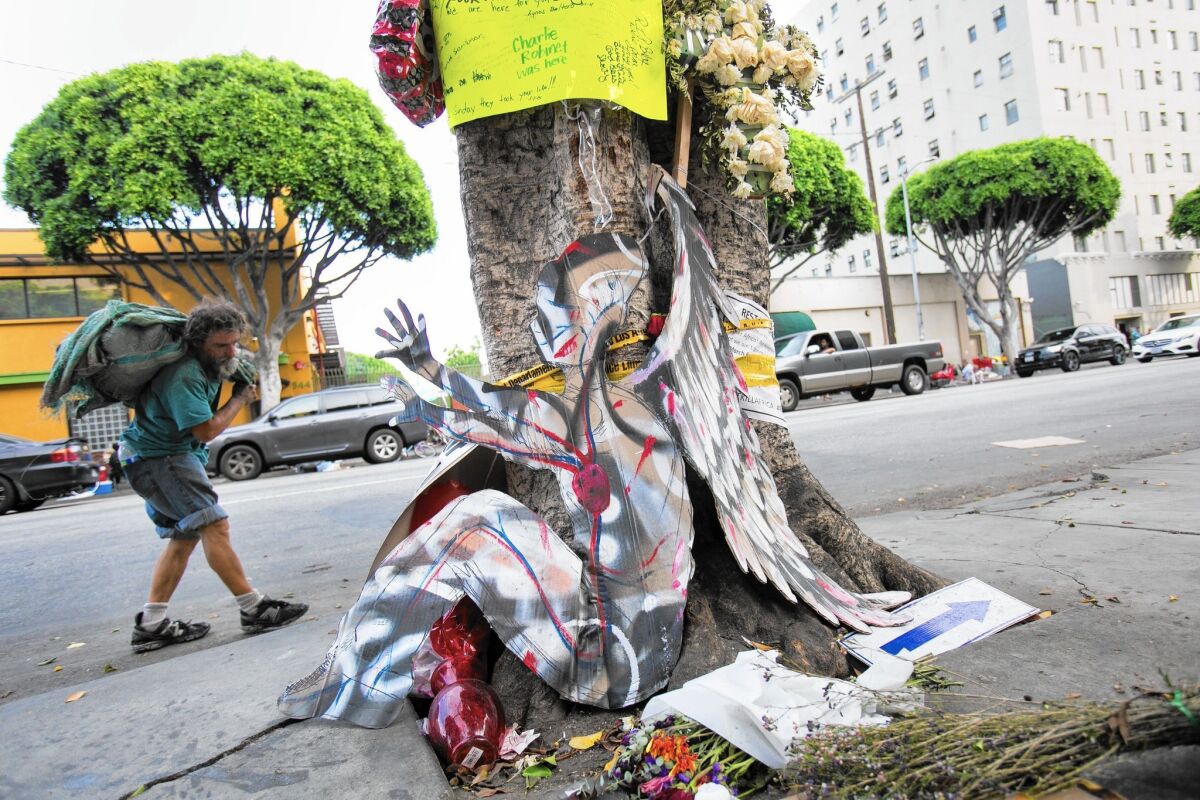An impromptu memorial developed for Charly "Africa" Keunang, who was fatally shot during a struggle with LAPD officers.