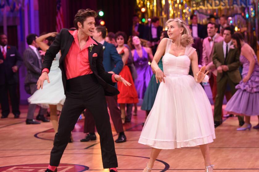 Juliane Hough, right, and Aaron Tveit on "Grease: Live."