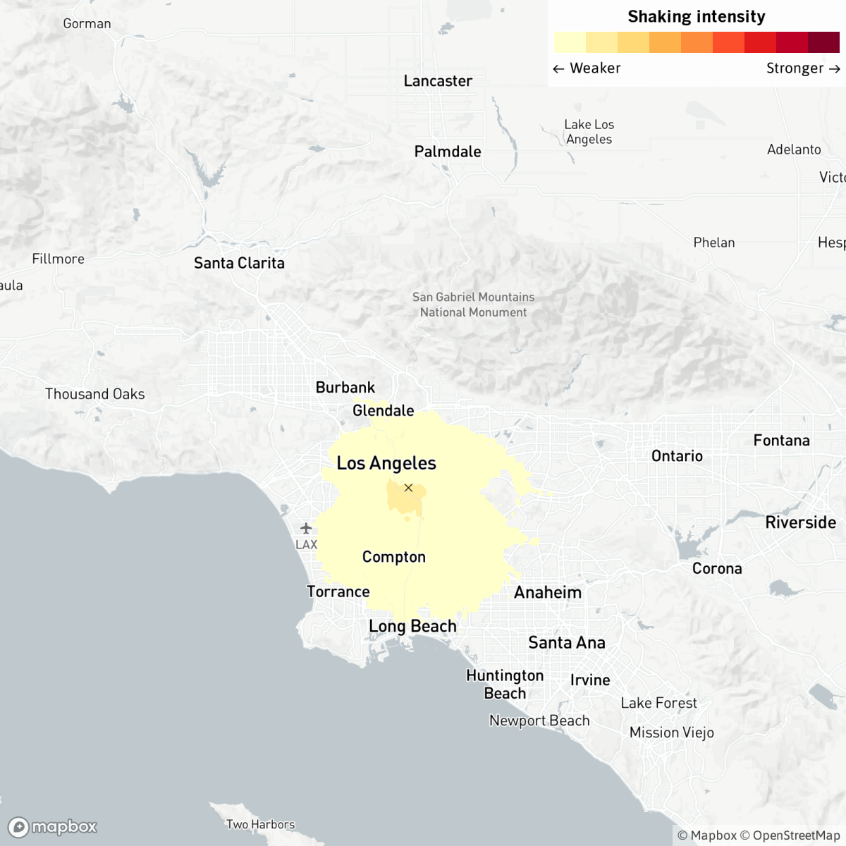 Map showing epicenter and shaking intensity around the earthquake