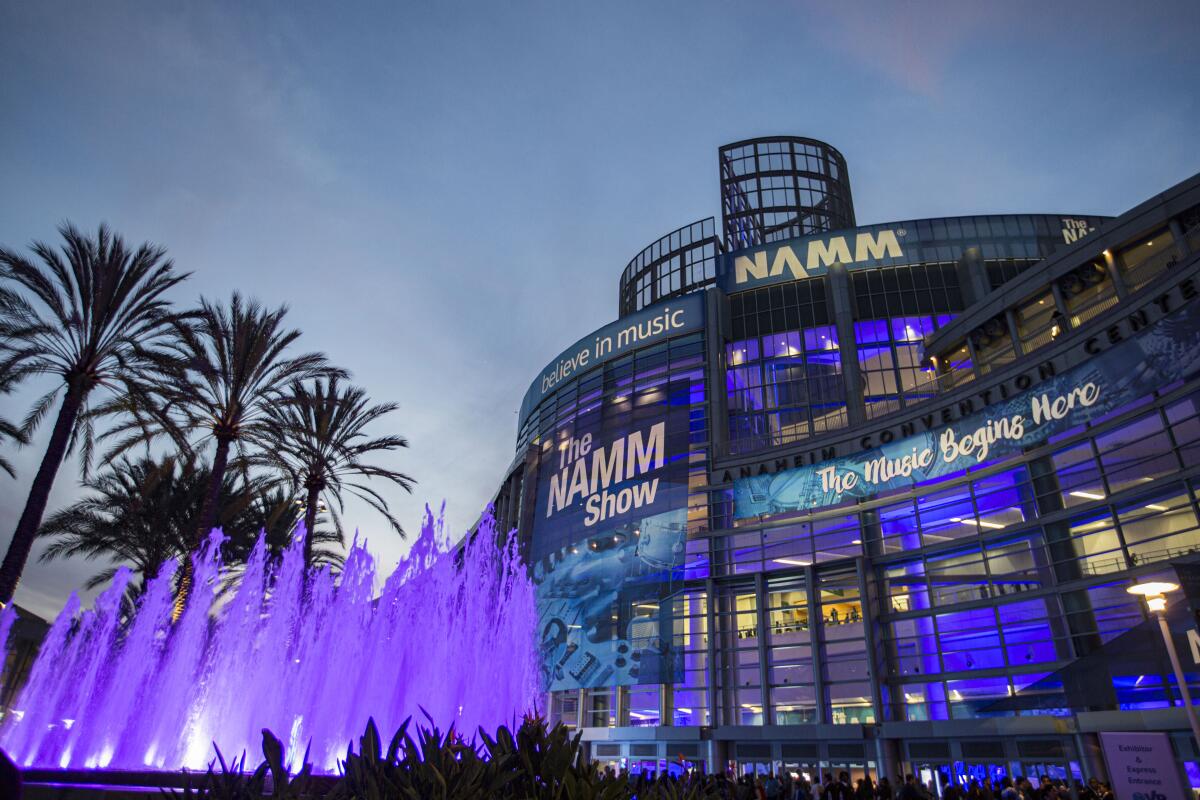 Signs for the 2020 NAMM Show adorn the Anaheim Convention Center 